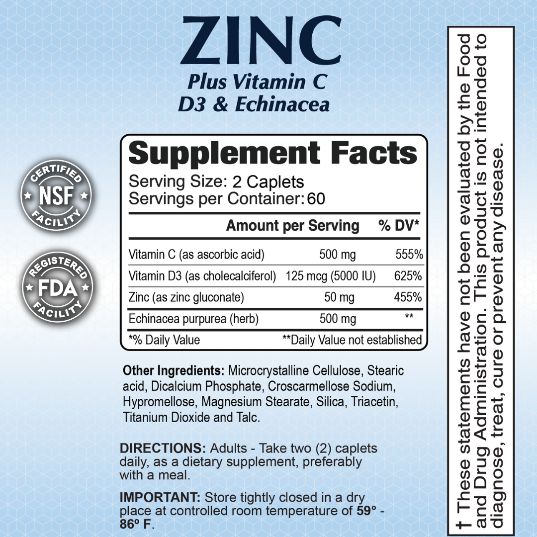 Zinc + Vitamin C & D Powerful Formula - Immune Support - Enhanced Absorption - 120 Caplets