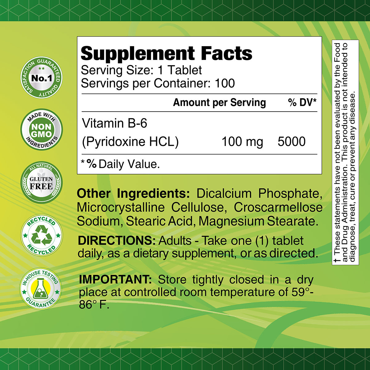 Vitamin B6 100 mg - 100 Tablets