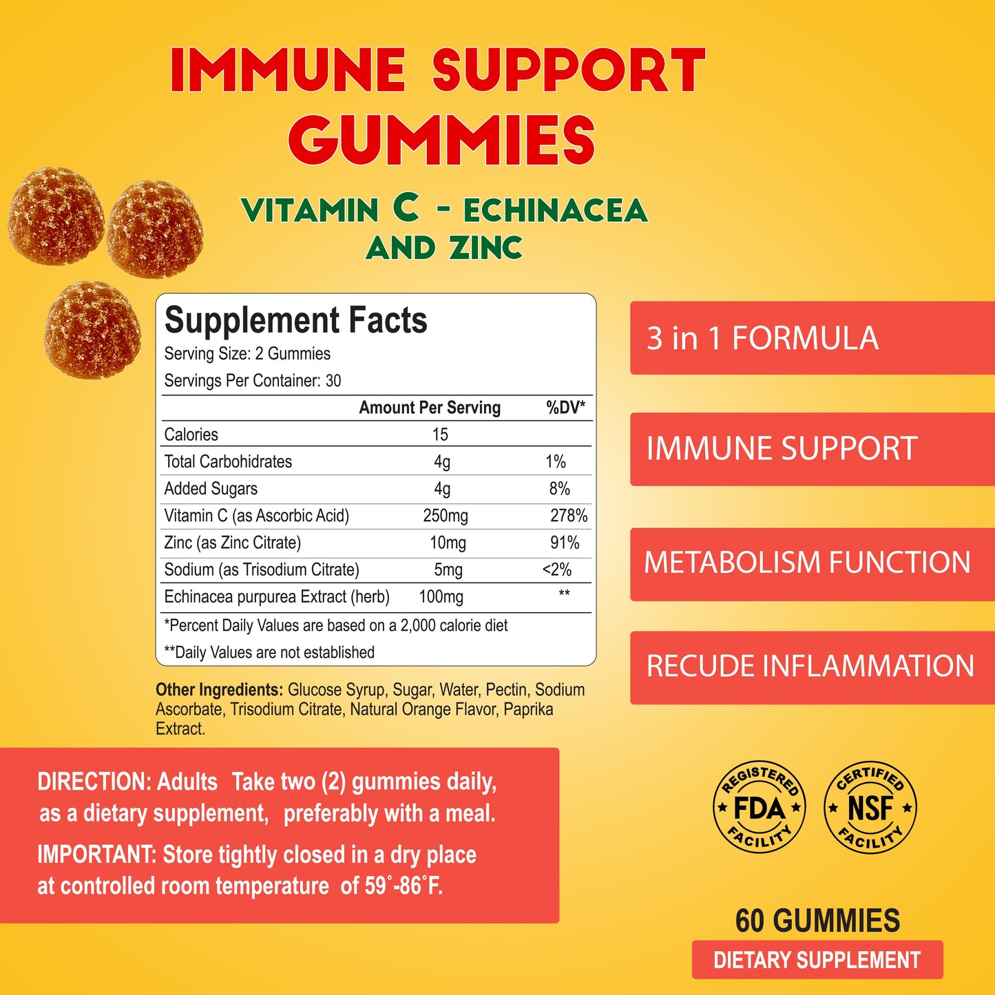Immune Support Gummies for Adults - 60 Gummies